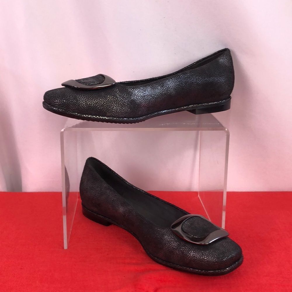 Stuart Weitzman Charcoal Print Flats w Buckle Shoes